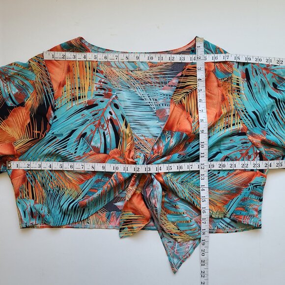 SHEIN Curvy Cropped Tie Front Blouse 3X Floral Batwing Sleeve Hawaiian Tropical - Picture 9 of 9